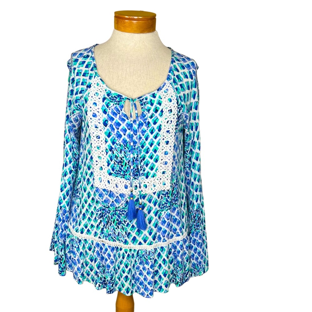 Lilly Pulitzer Boho Peplum Top With Bell Sleeves, Appliqué Trim & Tassels XS